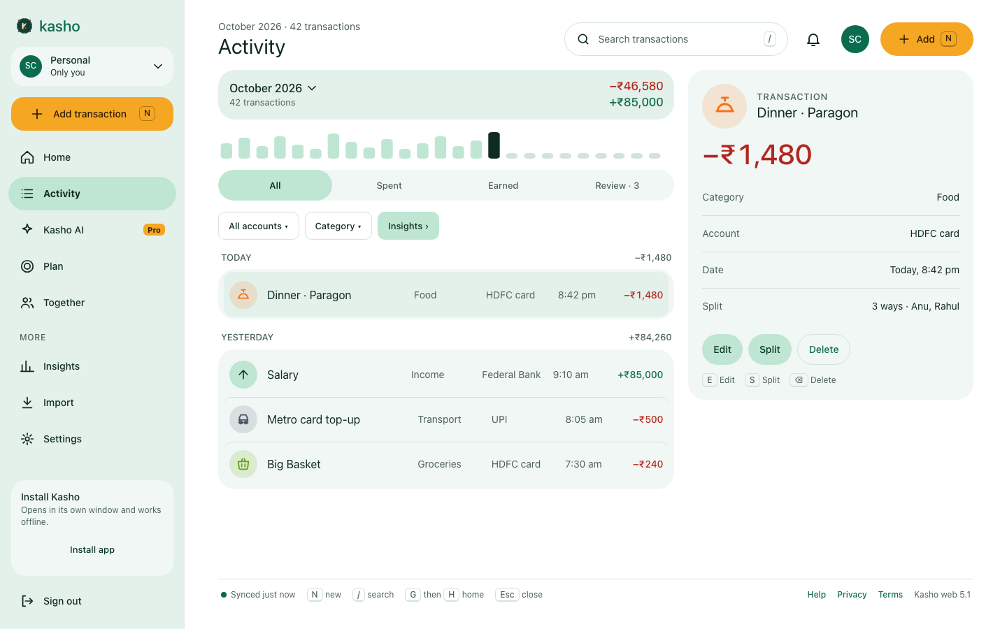 Kasho activity on the web with transaction detail