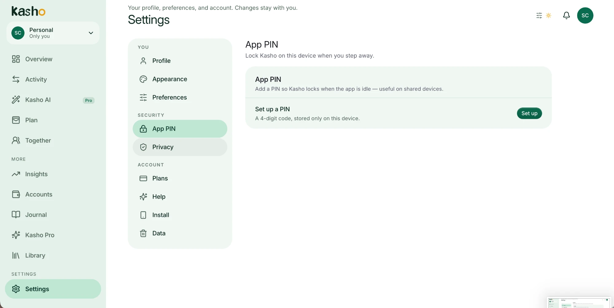Kasho settings with App PIN lock