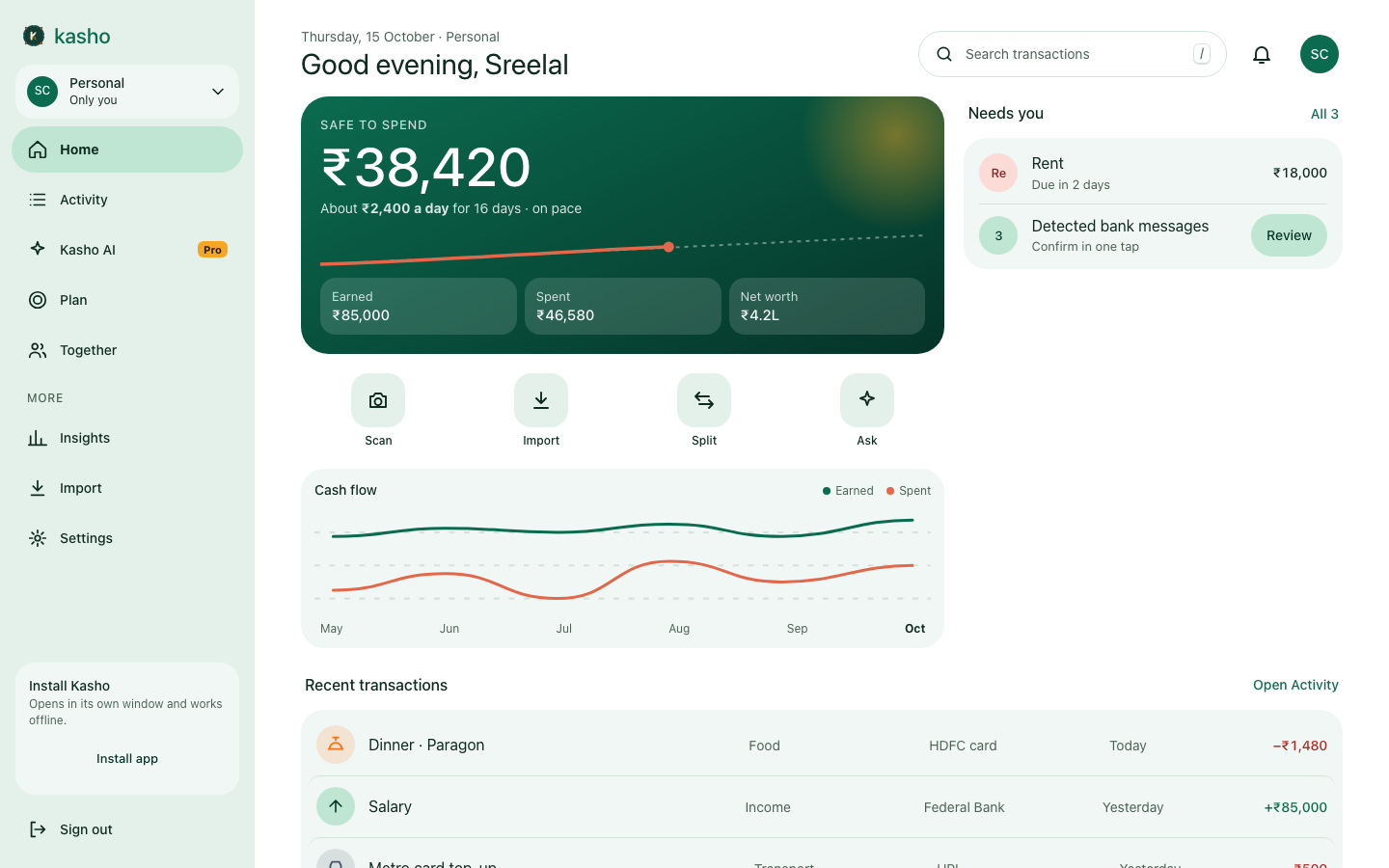 Kasho web home with safe to spend, cash flow and recent transactions
