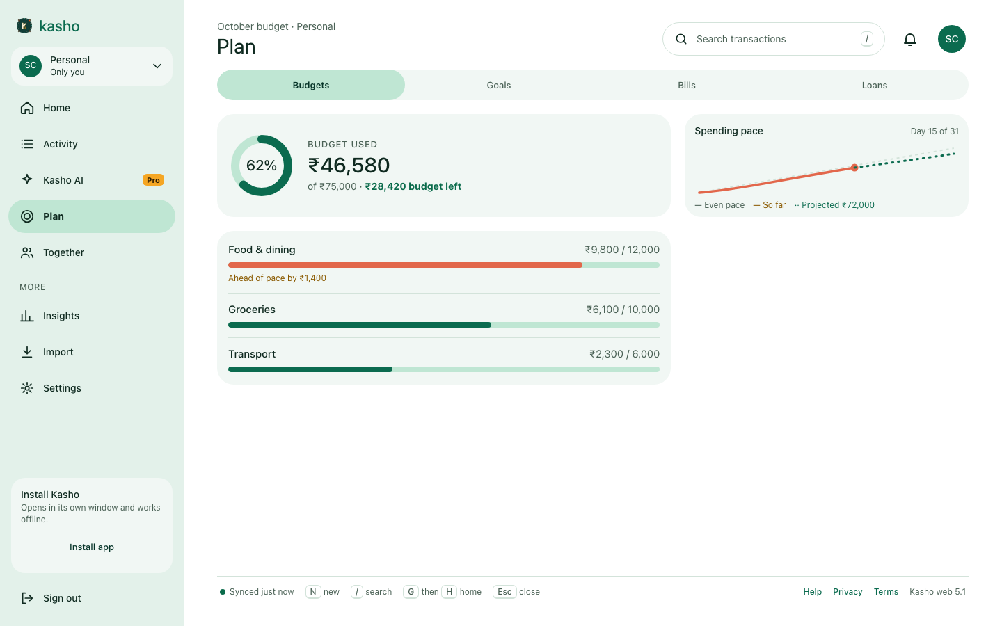 Kasho plan with budget ring and category limits
