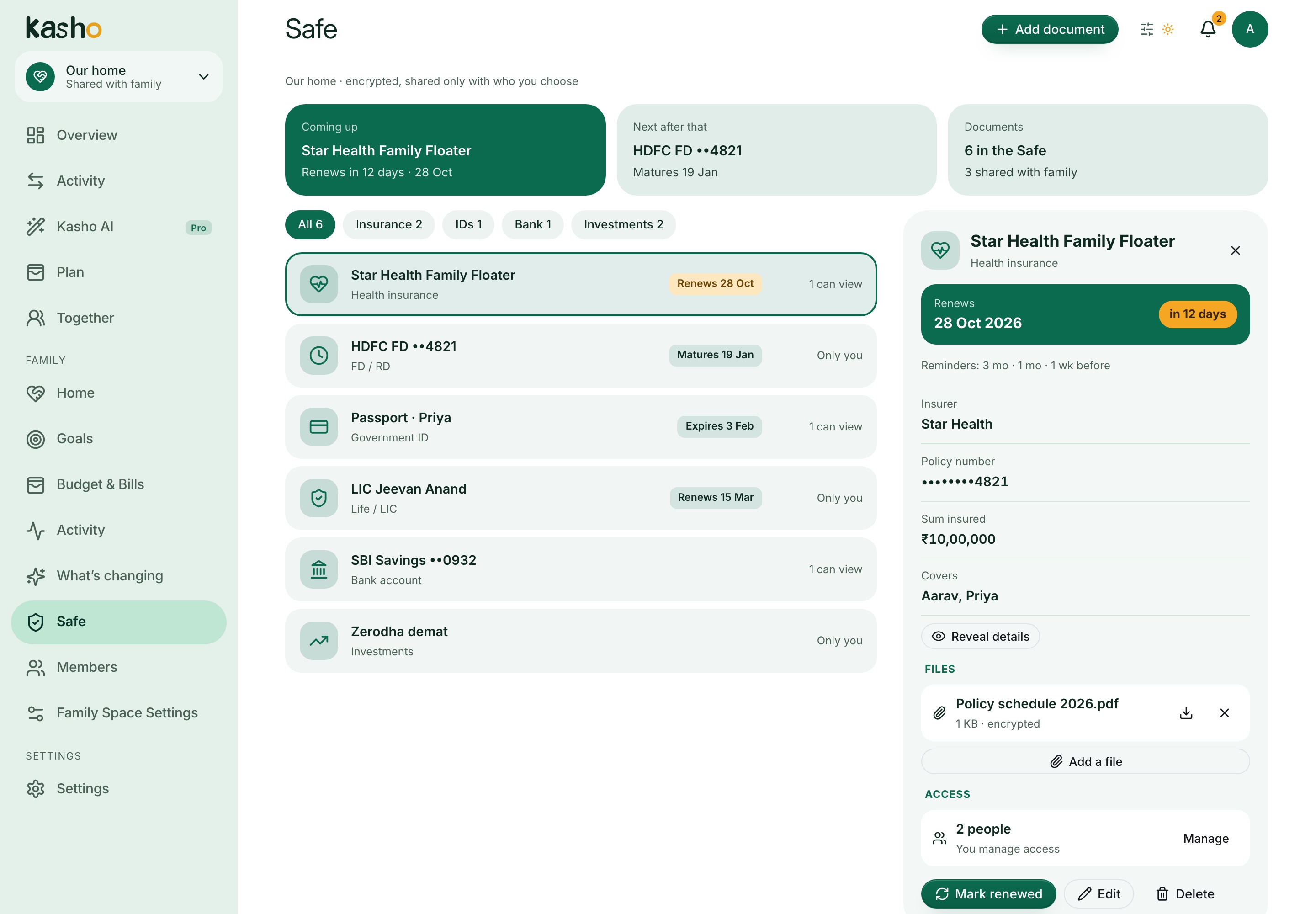 Actual Kasho family Safe listing insurance, IDs and deposits with renewal dates, using fictional demo data